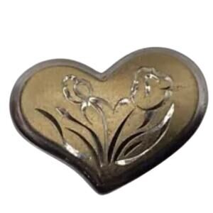 Vintage Gorham Signed Sterling Silver 
Gold Vermeil Etched Floral Heart Brooch